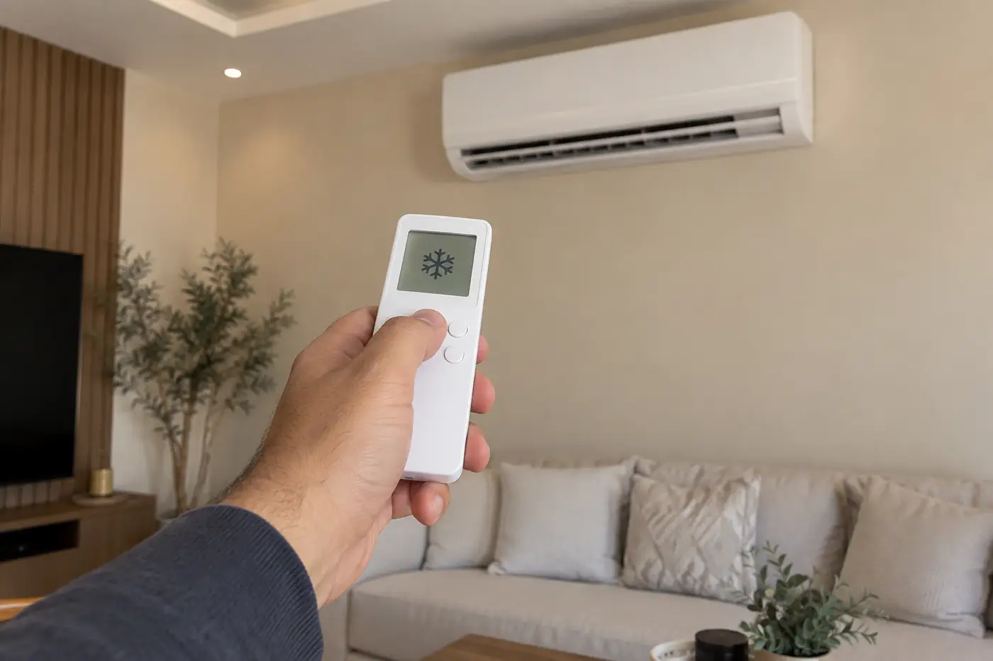 يد تمسك ريموت مكيف أبيض موجهًا نحو وحدة سبليت داخلية، وعلى شاشته علامة التبريد في المكيف بشكل ندفة ثلج
