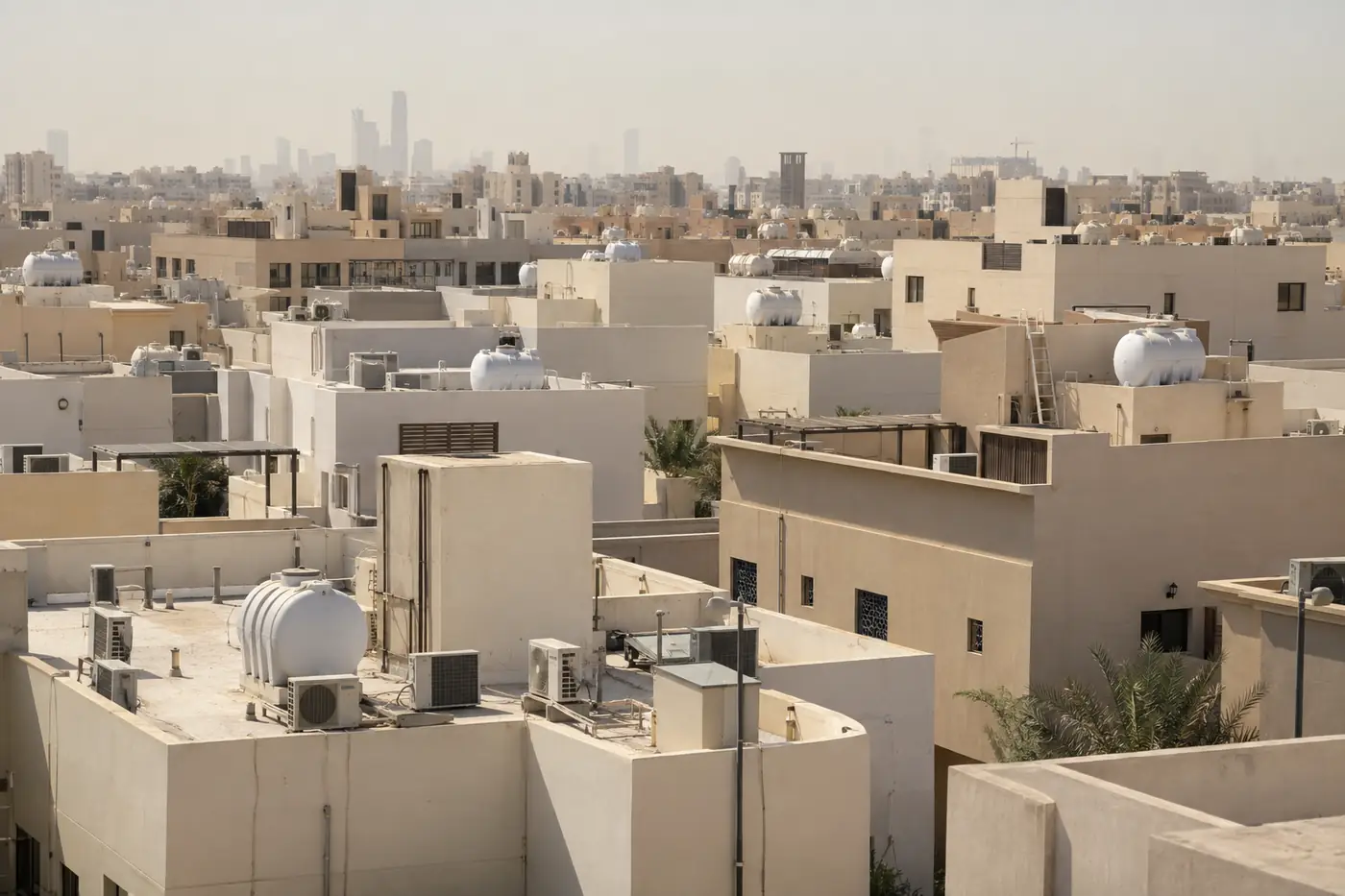 أسطح بيوت في حي سكني عليها وحدات تكييف خارجية وخزانات مياه