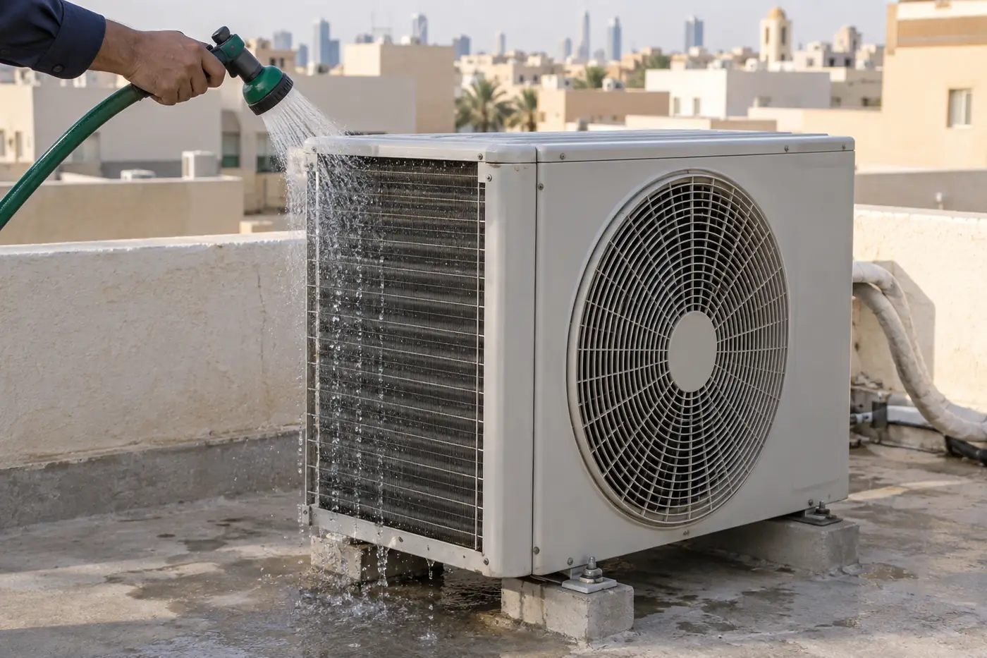 خرطوم حديقة ينزل منه ماء خفيف من أعلى لأسفل على ملف وحدة خارجية لمكيف سبليت فوق سطح بيت