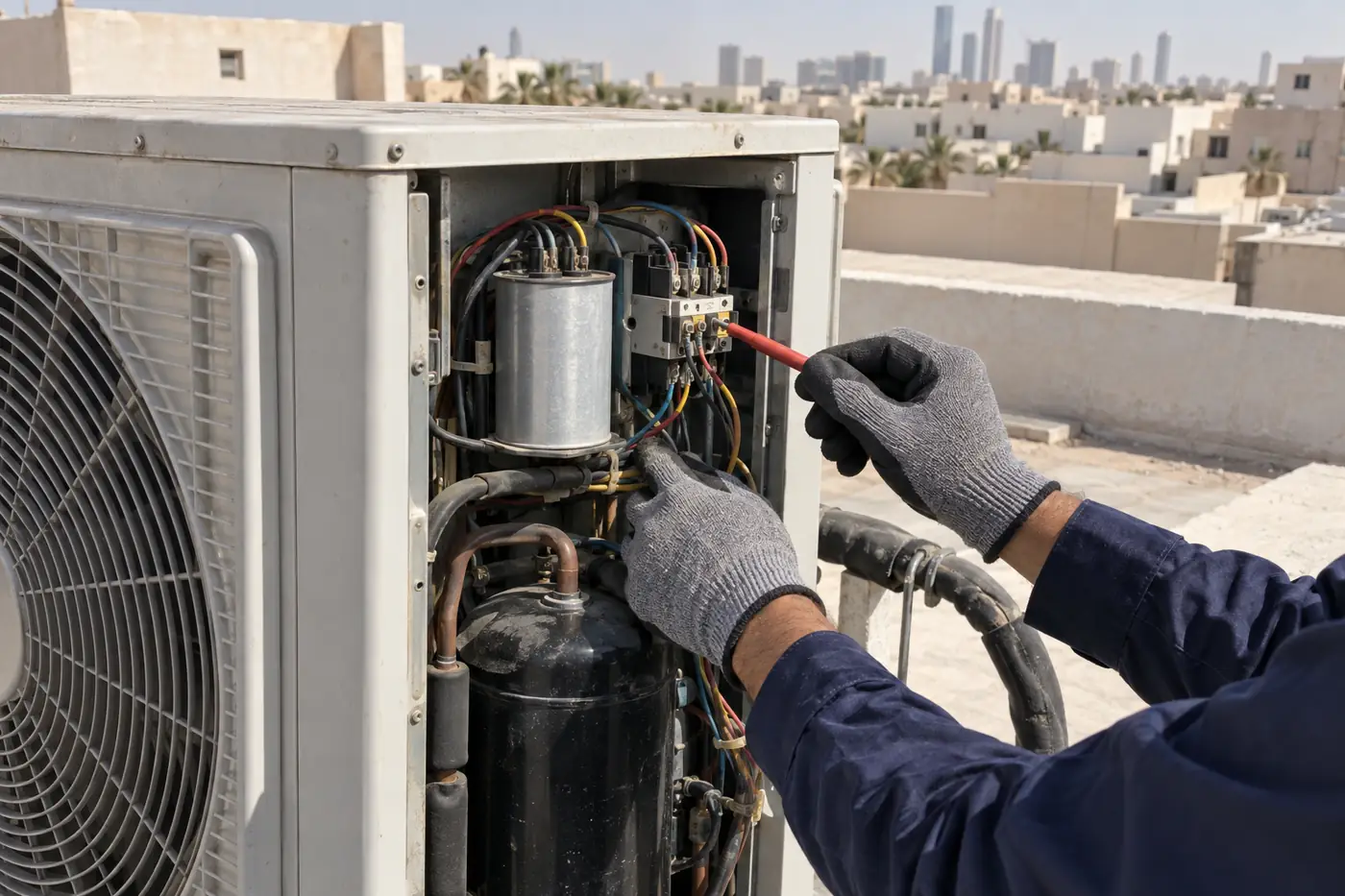 فني يفحص الكباستور واللوحة داخل الوحدة الخارجية المفتوحة لمكيف سبليت