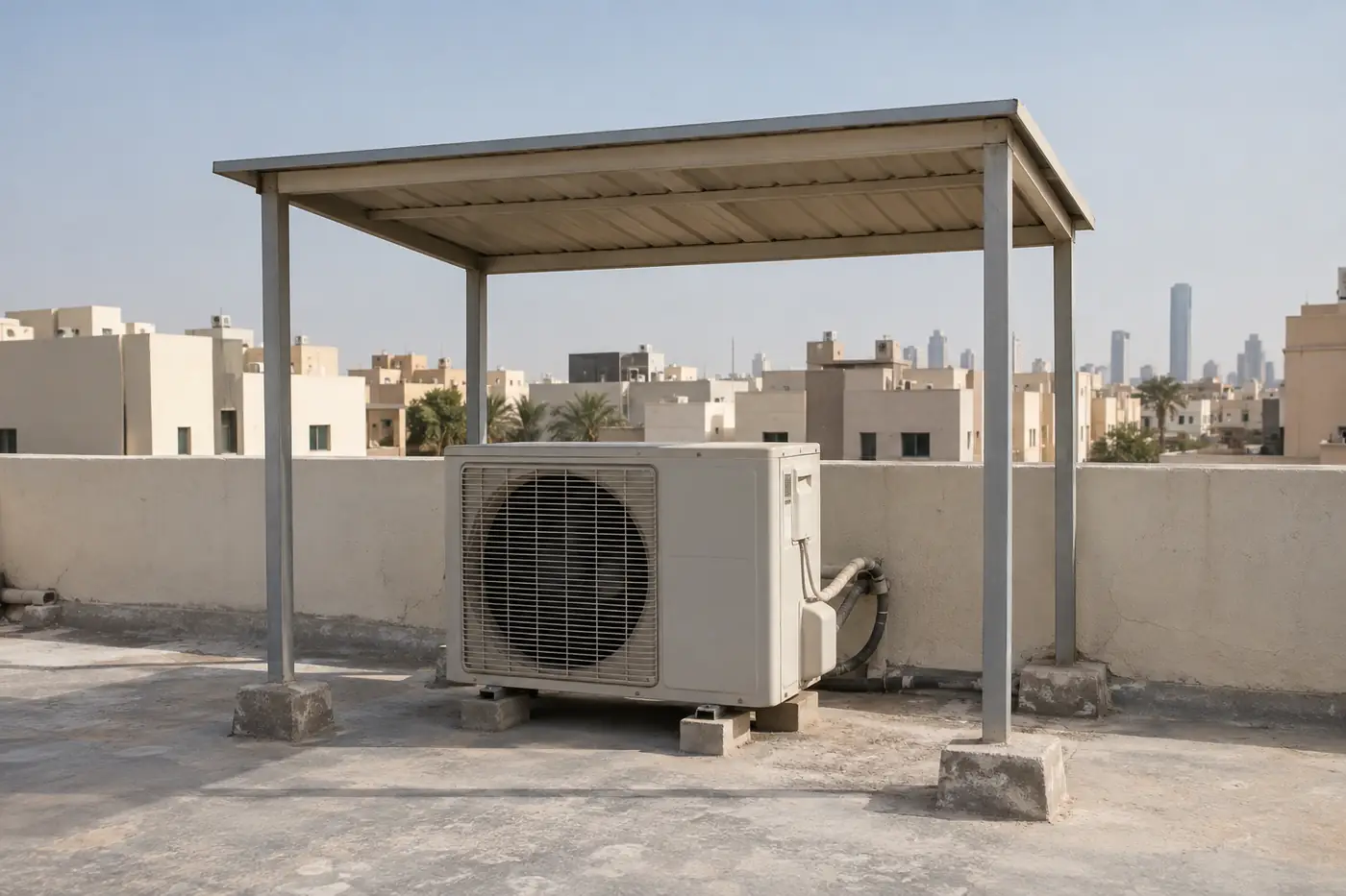 وحدة خارجية لمكيف سبليت على سطح بيت تحت مظلة مرتفعة مفتوحة الجوانب