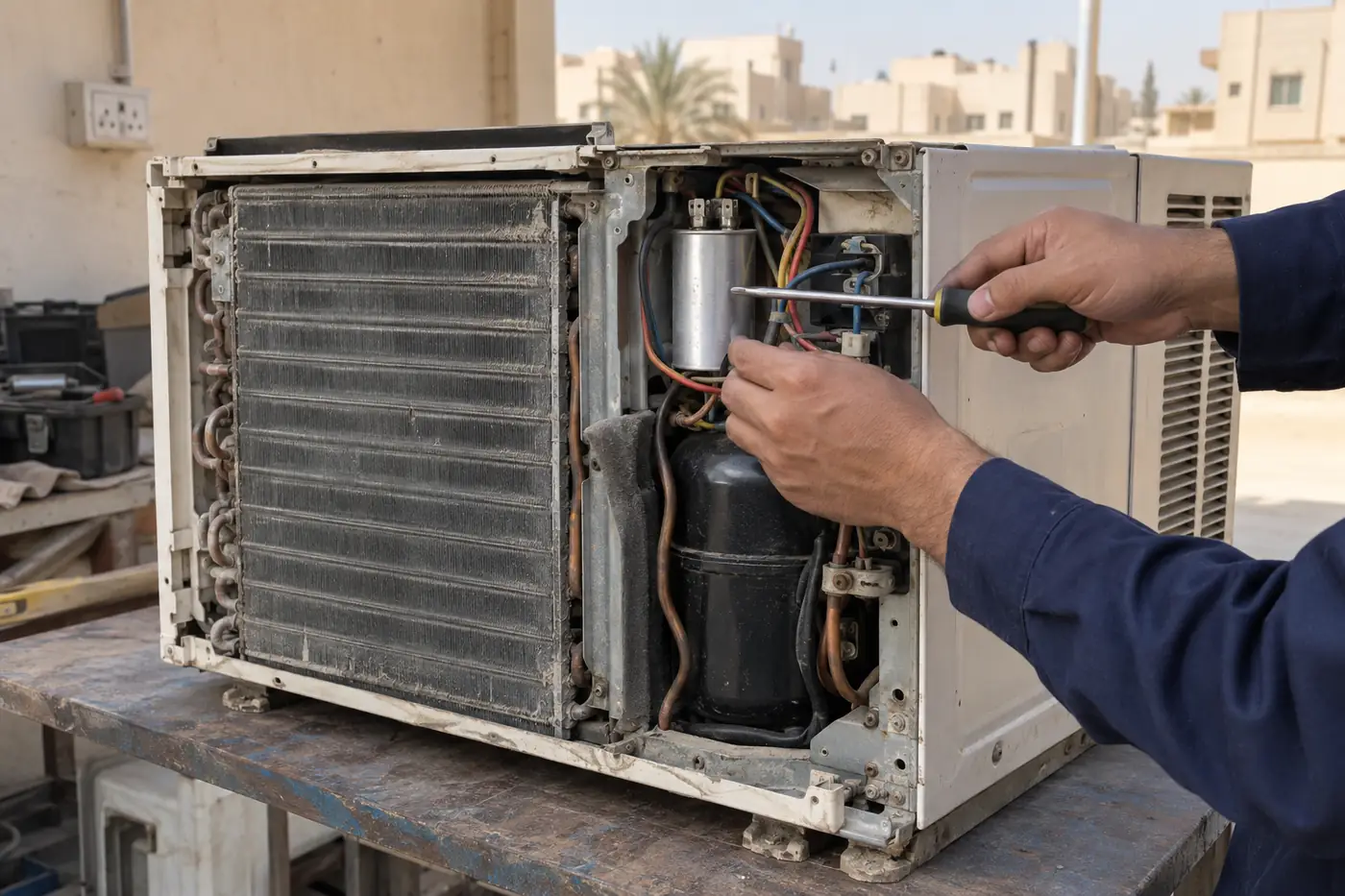 فني يفحص كباستور مكيف شباك بعد فك غطائه الأمامي