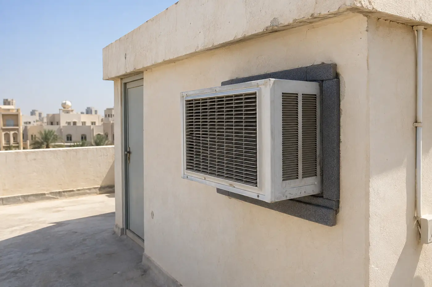 مكيف شباك في جدار ملحق على سطح بيت مع عزل إسفنجي حول الإطار